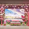 Pink Decorative Space With Flower Wall Telephone Booth Signs Bench And Painting