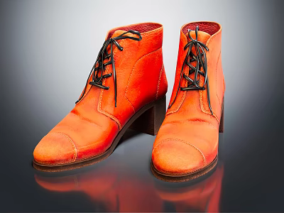 Stylish Orange Leather Ankle Boots With Black Laces And Block Heels 3d model