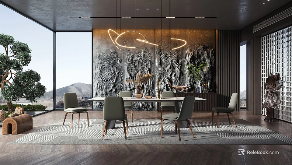 Modern Restaurant Interior With Large Windows Mountain View Textured Wall Circular Lights And Grey Chairs 3d model 