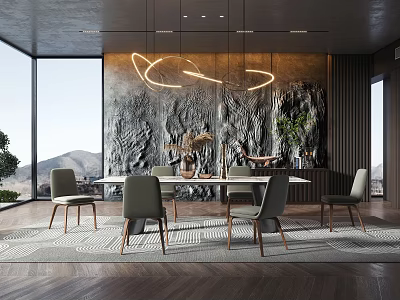 Modern Restaurant Interior With Large Windows Mountain View Textured Wall Circular Lights And Grey Chairs 3d model