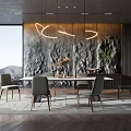 Modern Restaurant Interior With Large Windows Mountain View Textured Wall Circular Lights And Grey Chairs