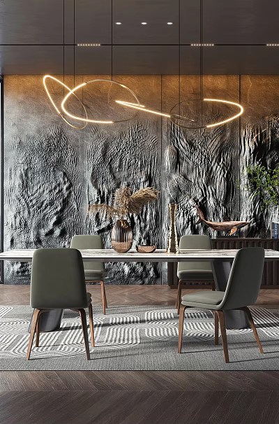 Modern Restaurant Interior With Large Windows Mountain View Textured Wall Circular Lights And Grey Chairs 3d model