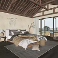 Cozy Hotel Guest Room With Wooden Roof Beige Walls Floor To Ceiling Windows Balcony Chair