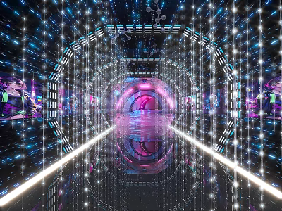 Stunning Activity Passage With Illuminated Light Strings Reflective Floor Purple Blue Lighting Modern Decorations 3d model