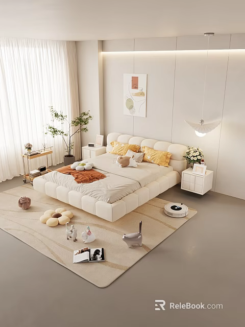 Modern Double Bed with Yellow Pillows and Orange Blanket in Light Bedroom Curtains Plant Decor 3d model 