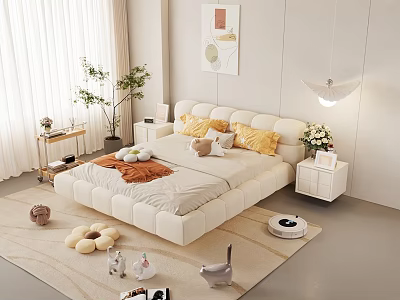 Modern Double Bed with Yellow Pillows and Orange Blanket in Light Bedroom Curtains Plant Decor 3d model