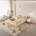 Modern Double Bed with Yellow Pillows and Orange Blanket in Light Bedroom Curtains Plant Decor