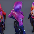 Stylish Game Character With Purple Hair Pink Leather Jacket Black Bodysuit Gloves And Utility Belt