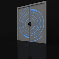 Futuristic Gray Door With Blue Circular Rings And Central Black Panel Shiny Reflection On Floor