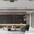 Modern Living And Dining Room Interior With Sofa Dining Table Chairs Pendant Lights And Artwork