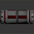 Shiny Metallic Cylindrical Tech Component With Red Panels And Silver Rings