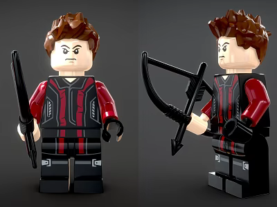 Building Blocks Minifigure Dressed In Red And Black Striped Outfit Holding Black Staff And Bow 3d model