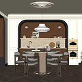 Elegant Restaurant Interior With Round Dining Table Wooden Wall And Hanging Pendant Light