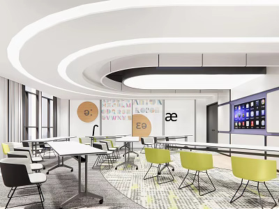 Modern School Learning Space With White Tables Green Chairs And Digital Screens 3d model