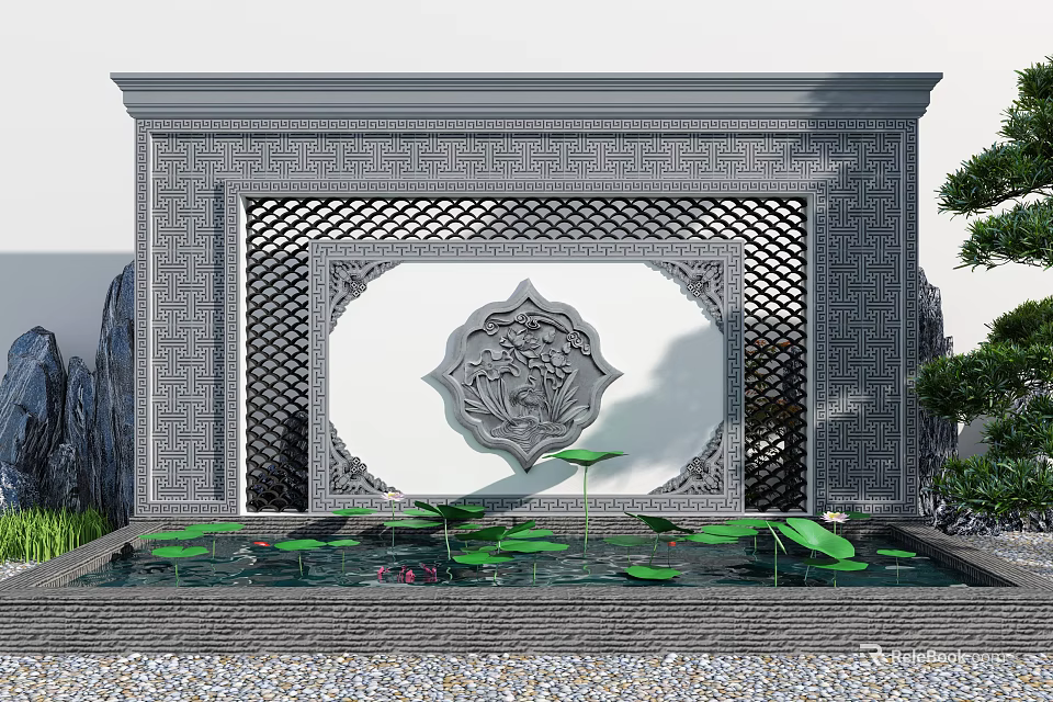 Traditional Chinese Garden Wall with Circular Relief Lattice Design and Water Pool with Lotus Leaves 3d model 