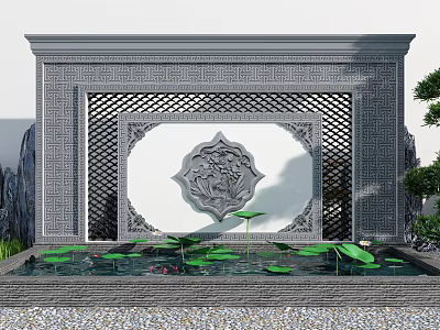 Traditional Chinese Garden Wall with Circular Relief Lattice Design and Water Pool with Lotus Leaves 3d model