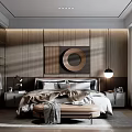 Modern Bedroom Interior Design With Wooden Panel Walls Circular Art And Bedside Bench