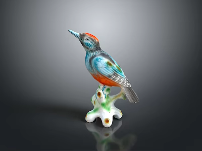 Colorful Bird Figurine With Detailed Feathers On Green White Branch Base 3d model