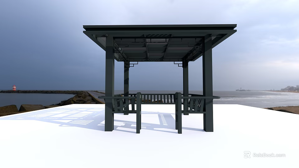 Black Pavilion With Four Pillars Grilled Roof Benches Seaside Sky And Distant Boats 3d model 