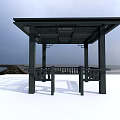 Black Pavilion With Four Pillars Grilled Roof Benches Seaside Sky And Distant Boats