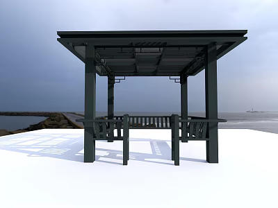 Black Pavilion With Four Pillars Grilled Roof Benches Seaside Sky And Distant Boats 3d model