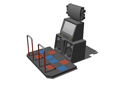 Interactive Entertainment Appliance With Red Blue Checkered Dance Platform Handrails Screen And Speakers 3d model