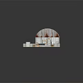 Cartoon Scene With Striped Roof Building Crates Stones And Small Pool