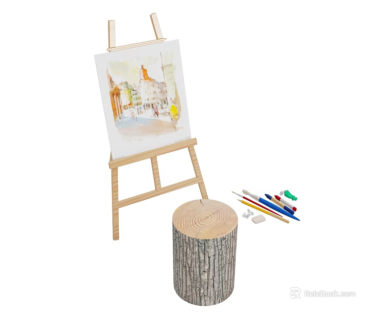 Art Supplies Setup With Easel Canvas Painting Colorful Paints Brushes And Wooden Stump Stool 3d model 