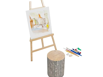 Art Supplies Setup With Easel Canvas Painting Colorful Paints Brushes And Wooden Stump Stool 3d model