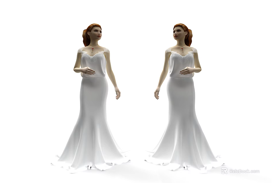 Two Women In Elegant White Gowns Standing Gracefully On White Background 3d model 