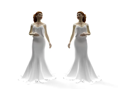 Two Women In Elegant White Gowns Standing Gracefully On White Background 3d model