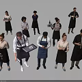 Group of People in Aprons and Uniforms Holding Trays and Wine Bottles