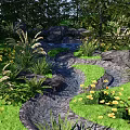 Scenic Park Landscape With Flowing Stream Green Grass Ferns And Yellow Flowers