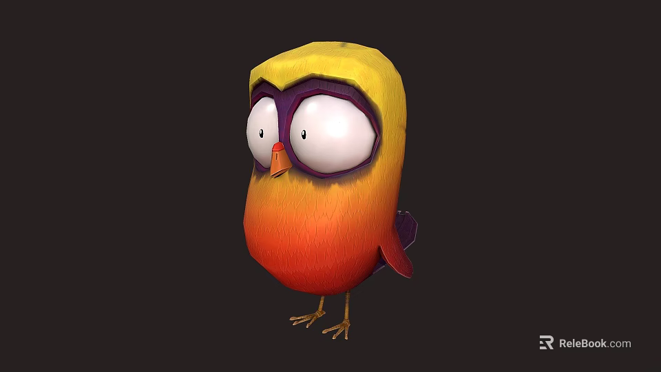Fluffy Yellow And Orange Bird With Big Eyes Standing On Dark Background 3d model 