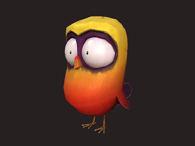 Fluffy Yellow And Orange Bird With Big Eyes Standing On Dark Background 3d model