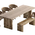 Solid Wood Dining Set with Rectangular Table Woven Chairs and Bench 3d model