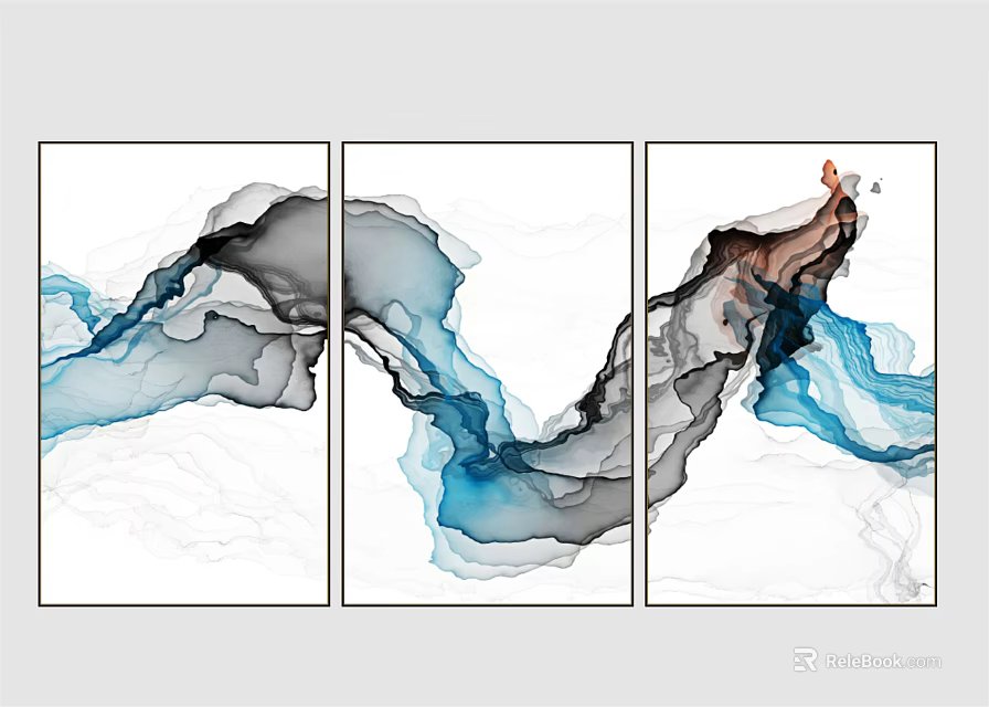 Three Panel Abstract Ink Wall Art With Flowing Blue Black Brown Hues White Background 3d model 