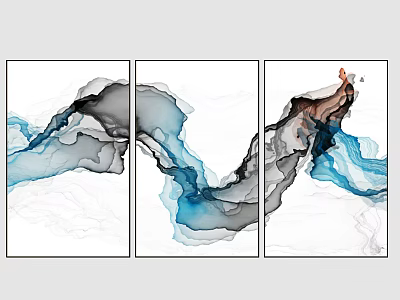 Three Panel Abstract Ink Wall Art With Flowing Blue Black Brown Hues White Background 3d model