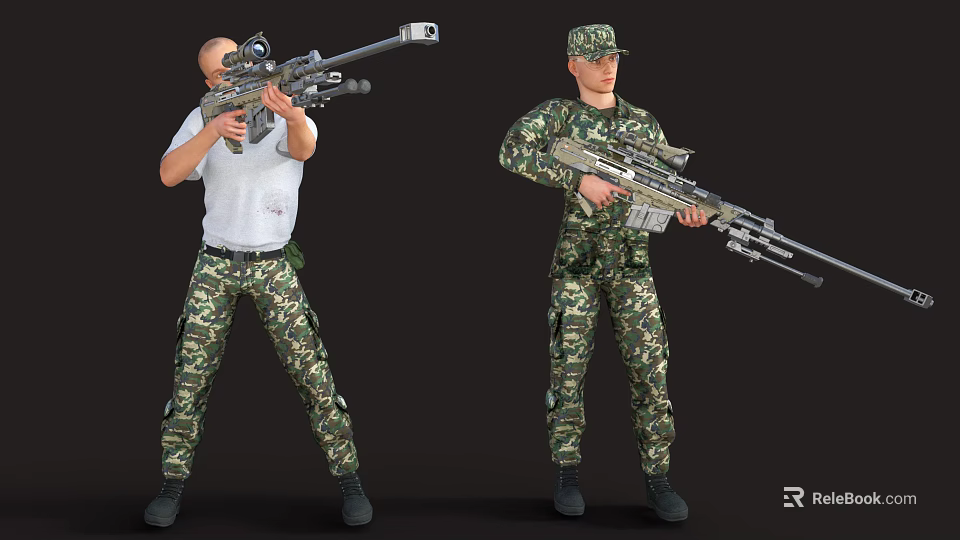 Game and Movie Characters in Camouflage Pants Holding Rifles with White T shirt and Camouflage Top 3d model 