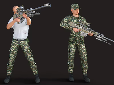 Game and Movie Characters in Camouflage Pants Holding Rifles with White T shirt and Camouflage Top 3d model