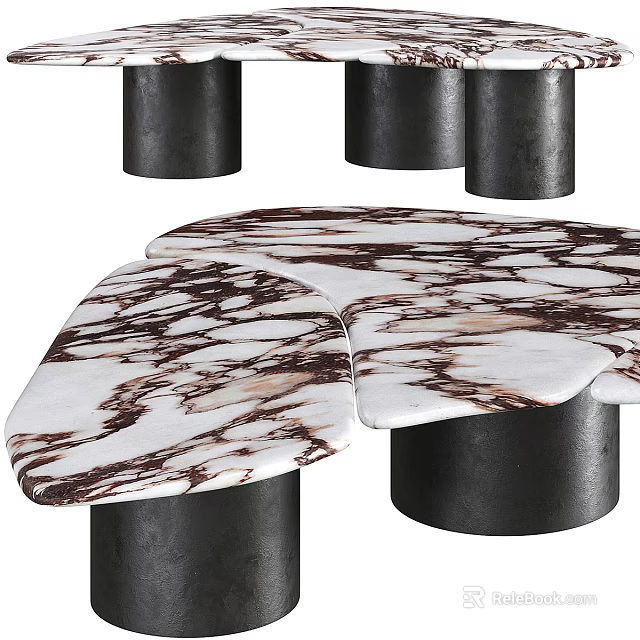 Luxurious White And Brown Marble Dining Table With Black Cylindrical Legs 3d model 