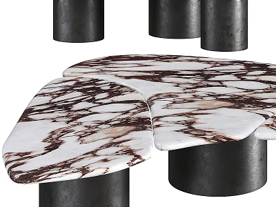 Luxurious White And Brown Marble Dining Table With Black Cylindrical Legs 3d model