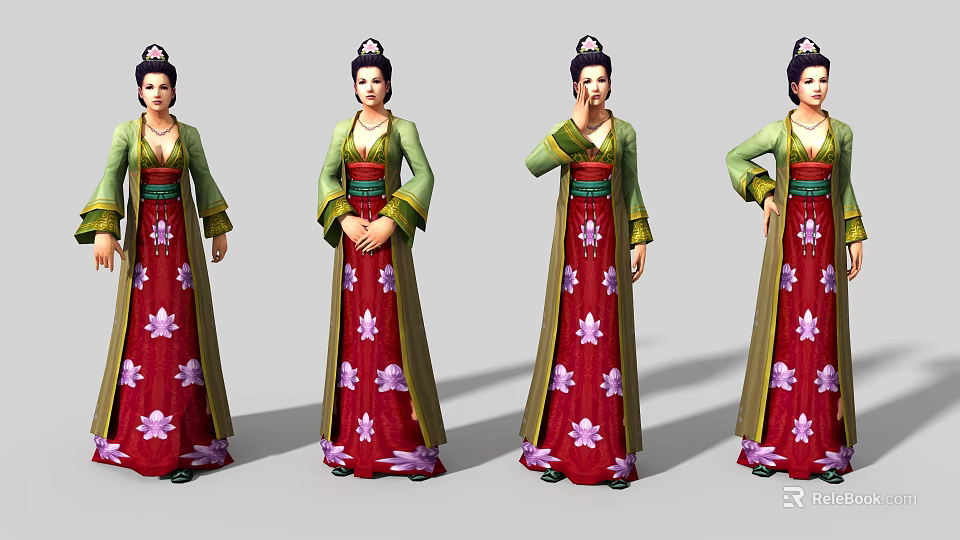 Game Film Character In Traditional Outfit Red Skirt Purple Flowers Green Top Poses 3d model 