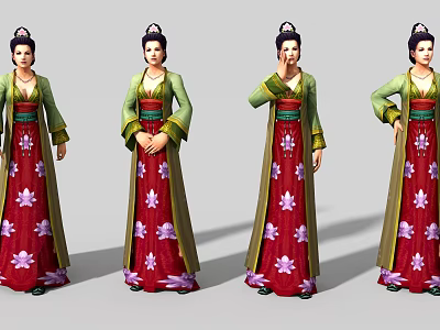 Game Film Character In Traditional Outfit Red Skirt Purple Flowers Green Top Poses 3d model