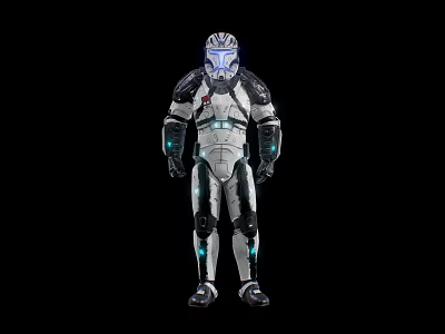 Game Movie Character In Futuristic White Gray Armor With Blue Glowing Helmet 3d model
