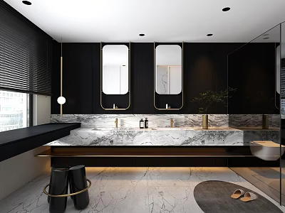 Modern Bathroom Interior With Double Vanity Marble Countertop Gold Fixtures And Two Mirrors 3d model