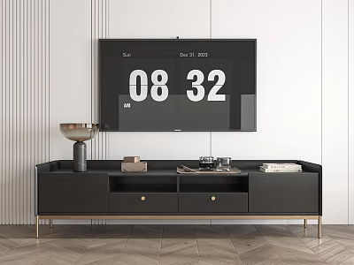 Modern Black TV Stand With Gold Legs And Flat Screen TV Above White Striped Wall 3d model