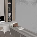 Modern Interior Window Seat With Desk Computer Chair Bookshelf And White Blinds