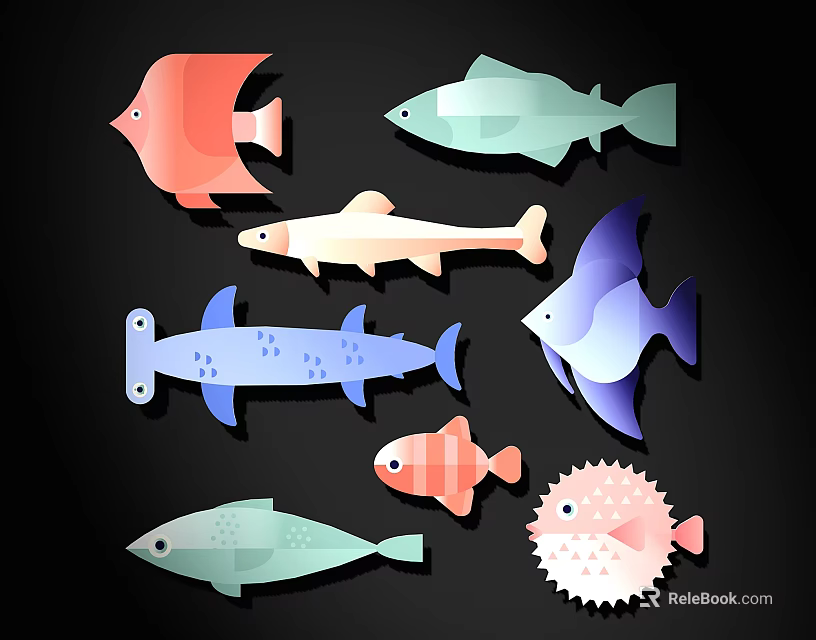 Colorful Fish Shaped Wall Decor with Various Designs and Vibrant Color Patterns 3d model