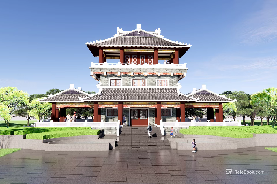 Ancient Chinese Architecture Traditional Pavilion with Curved Tile Roof and Stone Steps on Green Lawn 3d model 